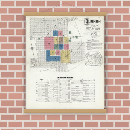 Old map wall art mockup — magnetic wood frame on brick wall — Sanborn Fire Insurance Map from Quanah, Hardeman County, Texas (1921), Sheet #0001