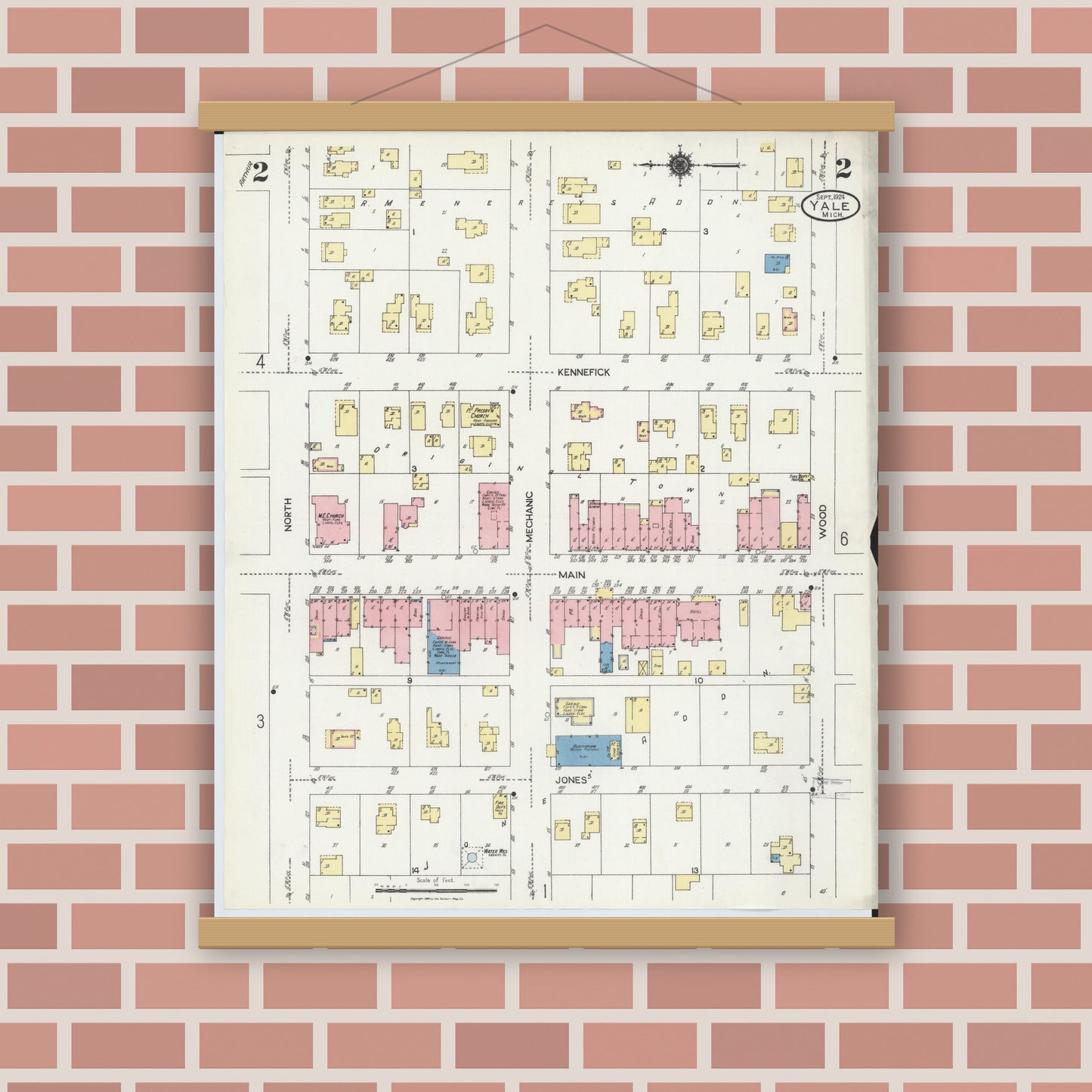 Old map wall art mockup — magnetic wood frame on brick wall — Sanborn Fire Insurance Map from Yale, Saint Clair County, Michigan (1924), Sheet #0002