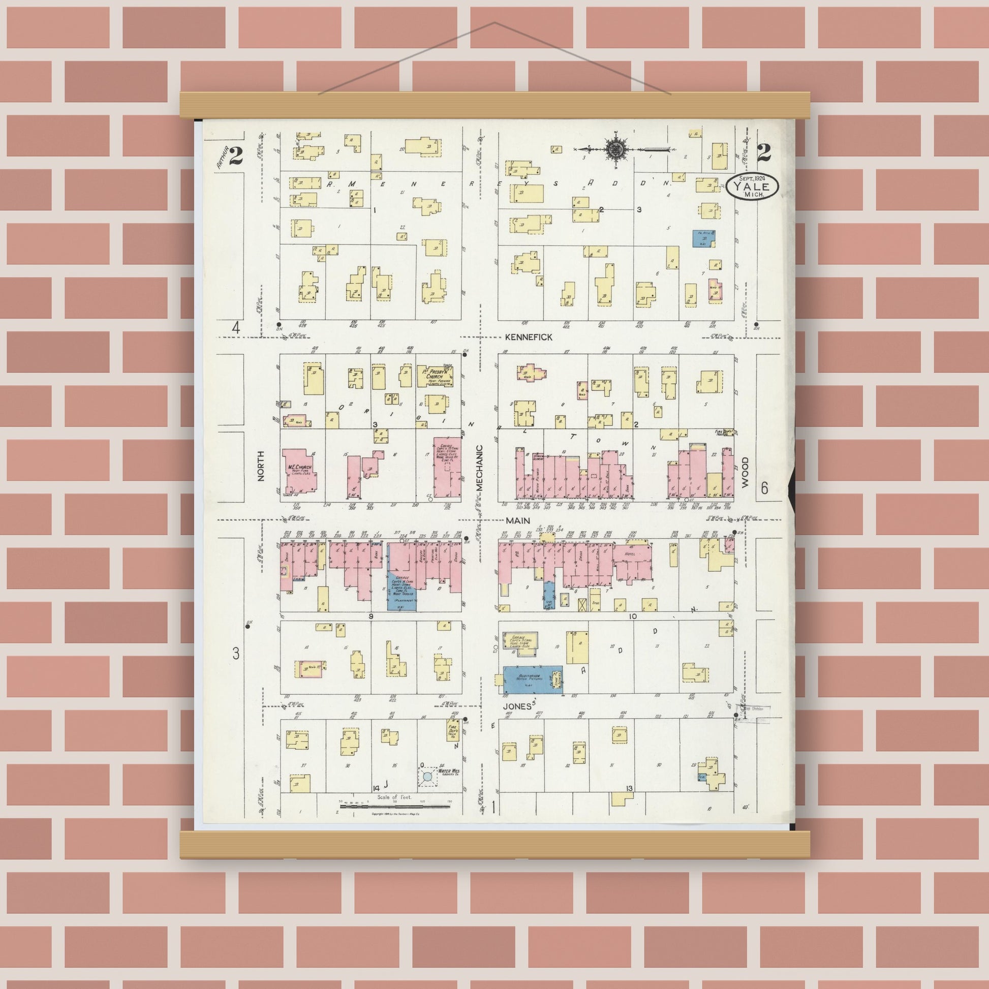 Old map wall art mockup — magnetic wood frame on brick wall — Sanborn Fire Insurance Map from Yale, Saint Clair County, Michigan (1924), Sheet #0002