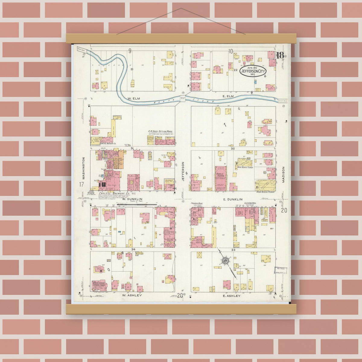 Old map wall art mockup — magnetic wood frame on brick wall — Sanborn Fire Insurance Map from Jefferson City, Cole County, Missouri (1916), Sheet #0018