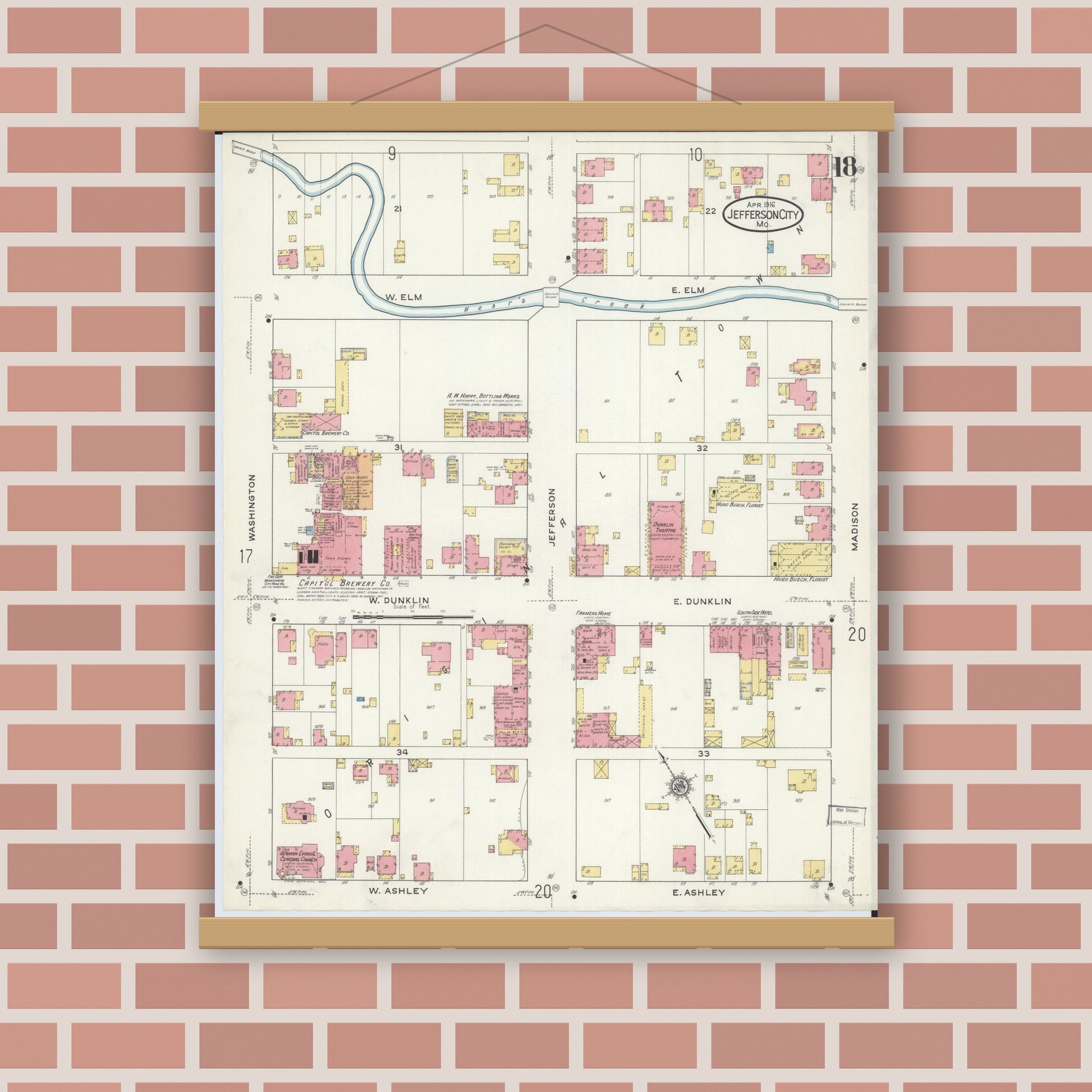 Old map wall art mockup — magnetic wood frame on brick wall — Sanborn Fire Insurance Map from Jefferson City, Cole County, Missouri (1916), Sheet #0018