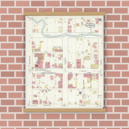 Old map wall art mockup — magnetic wood frame on brick wall — Sanborn Fire Insurance Map from Jefferson City, Cole County, Missouri (1916), Sheet #0018