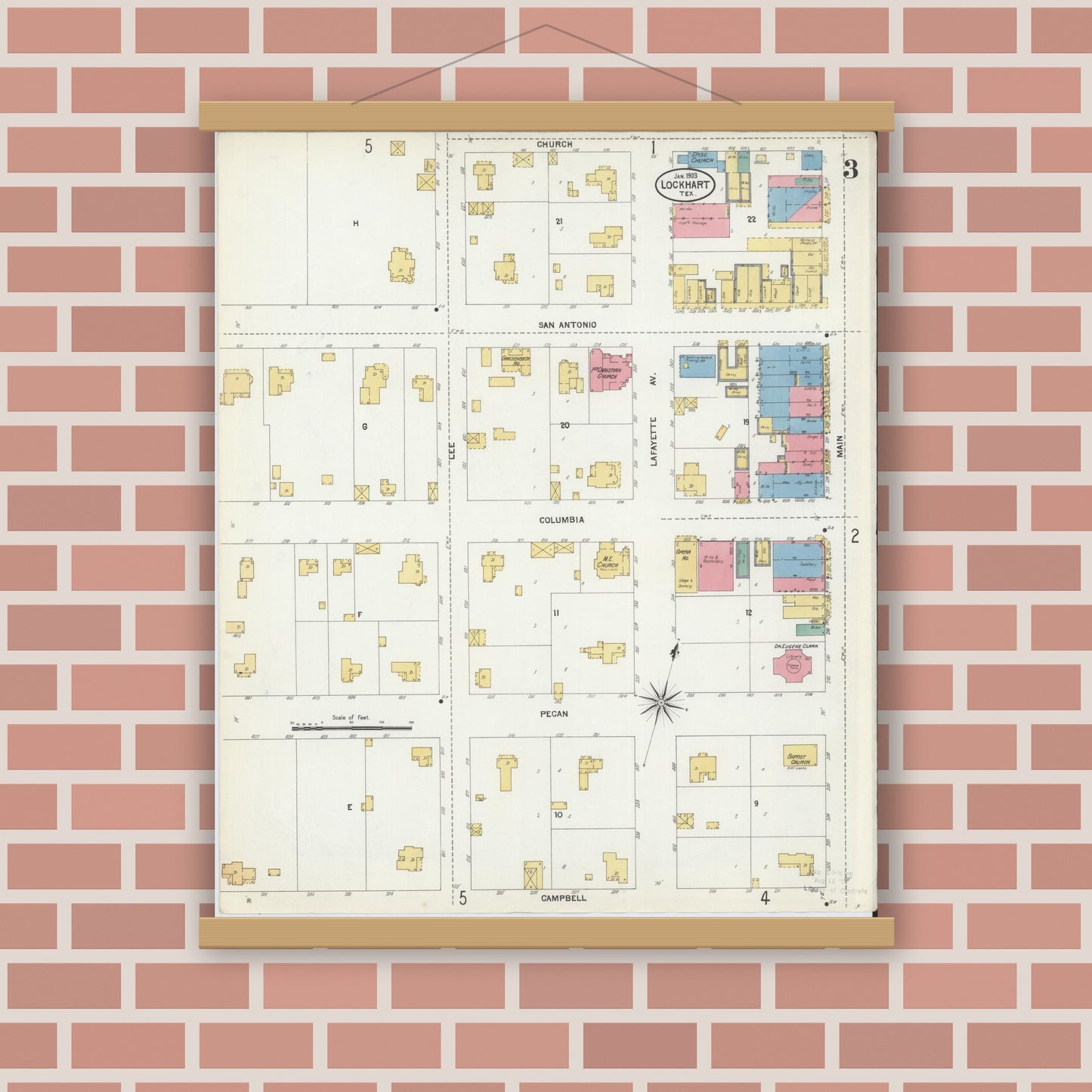 Old map wall art mockup — magnetic wood frame on brick wall — Sanborn Fire Insurance Map from Lockhart, Caldwell County, Texas (1903), Sheet #0003