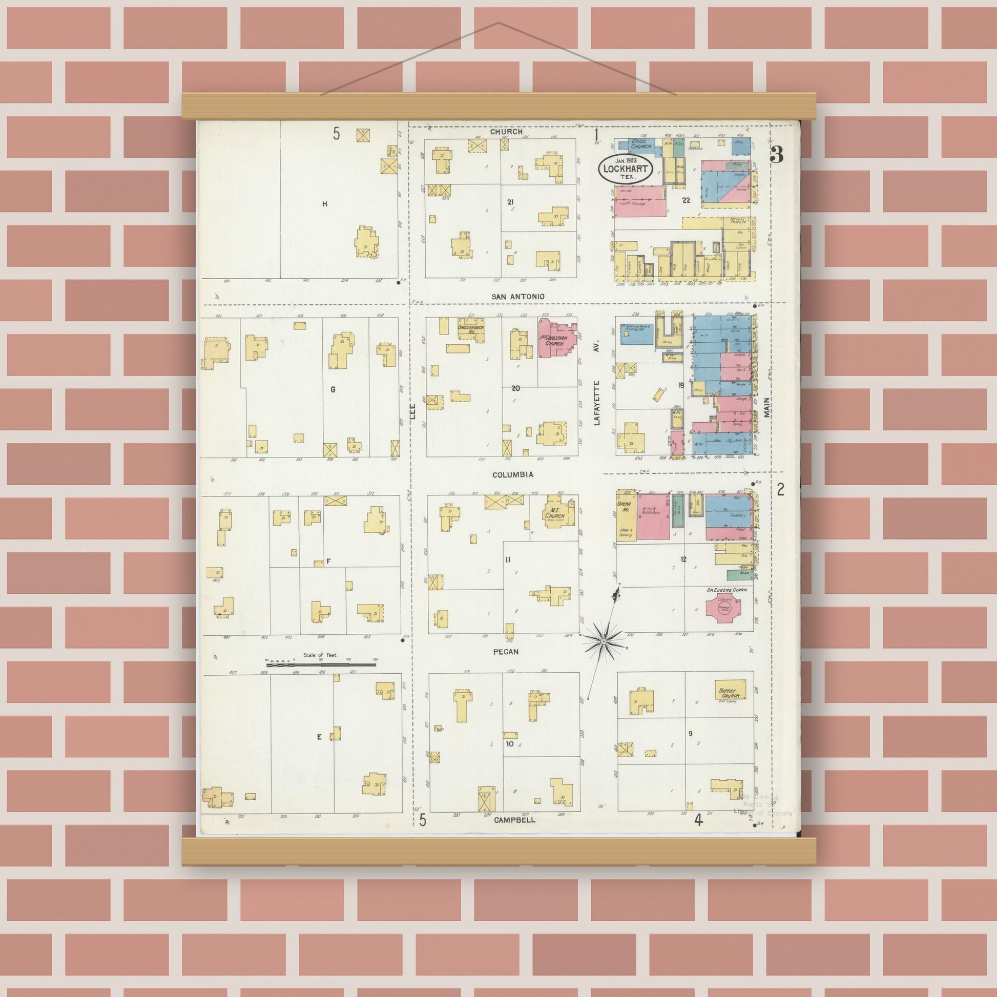 Old map wall art mockup — magnetic wood frame on brick wall — Sanborn Fire Insurance Map from Lockhart, Caldwell County, Texas (1903), Sheet #0003