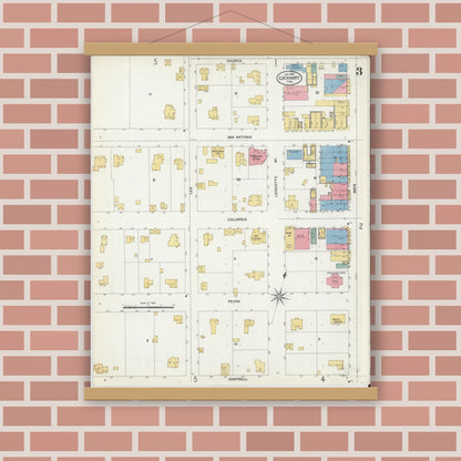 Old map wall art mockup — magnetic wood frame on brick wall — Sanborn Fire Insurance Map from Lockhart, Caldwell County, Texas (1903), Sheet #0003