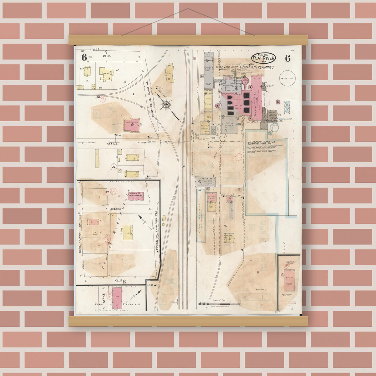 Old map wall art mockup — magnetic wood frame on brick wall — Sanborn Fire Insurance Map from Flat River, Saint Francois County, Missouri (1938), Sheet #0006