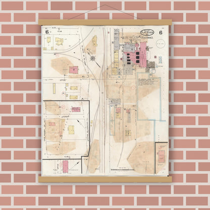 Old map wall art mockup — magnetic wood frame on brick wall — Sanborn Fire Insurance Map from Flat River, Saint Francois County, Missouri (1938), Sheet #0006