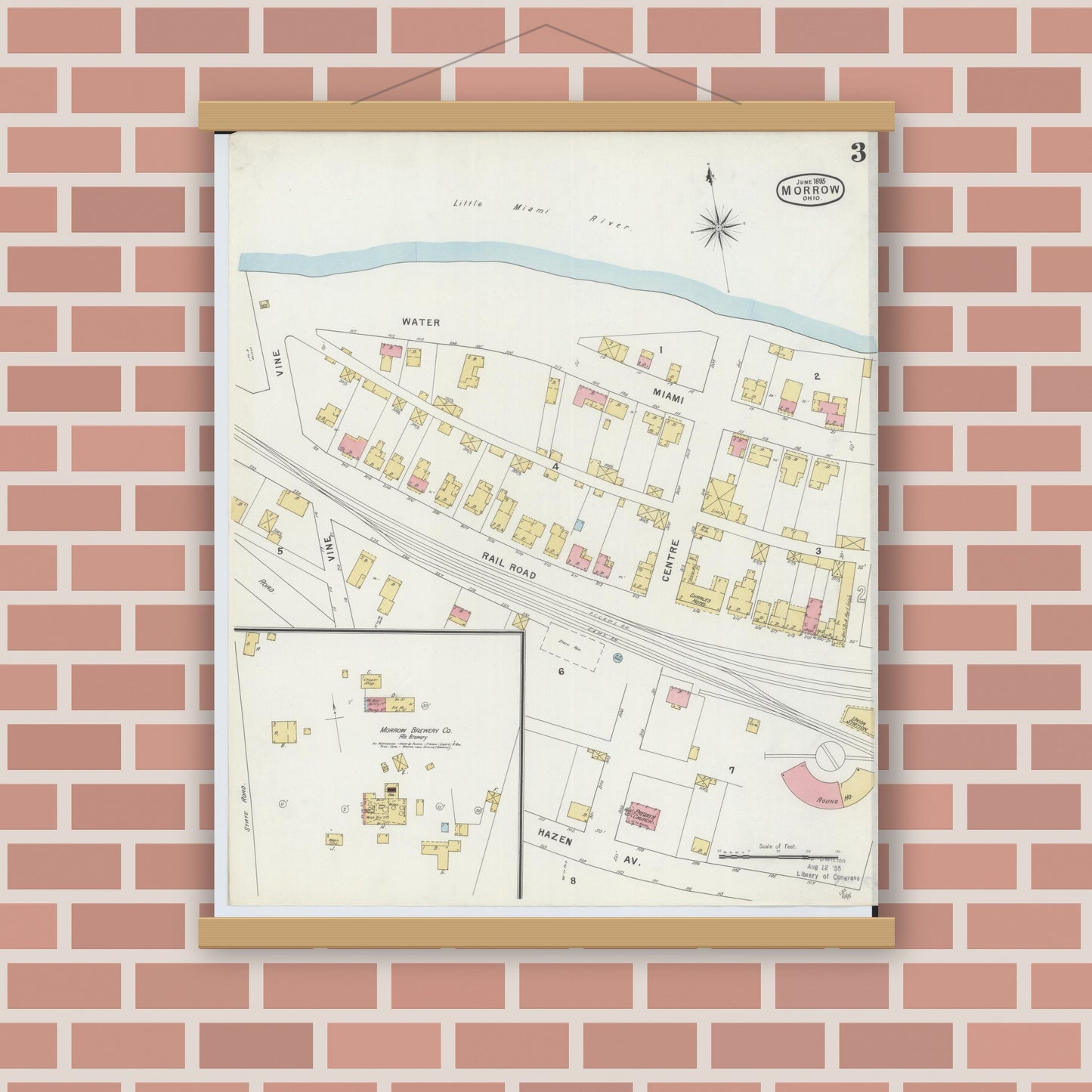 Old map wall art mockup — magnetic wood frame on brick wall — Sanborn Fire Insurance Map from Morrow, Warren County, Ohio (1895), Sheet #0003