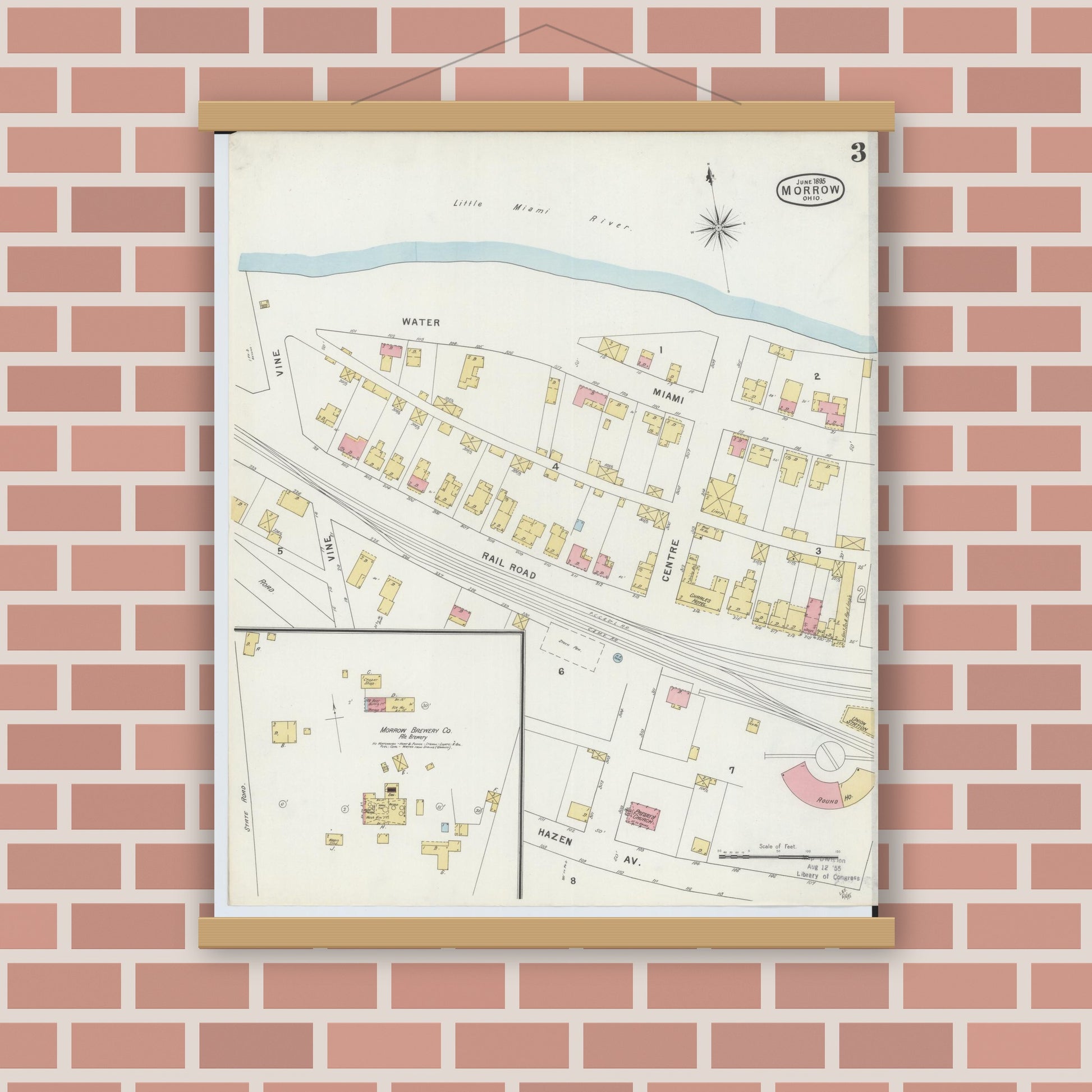Old map wall art mockup — magnetic wood frame on brick wall — Sanborn Fire Insurance Map from Morrow, Warren County, Ohio (1895), Sheet #0003