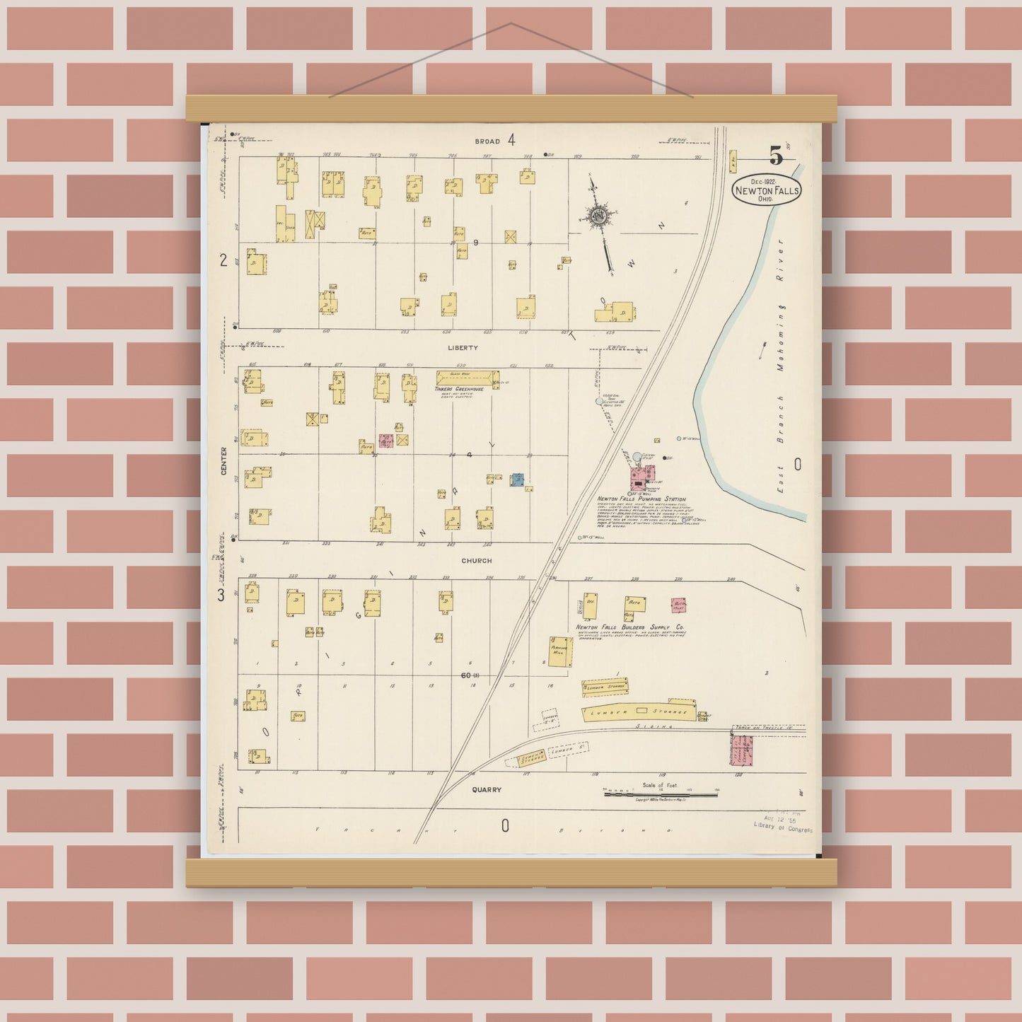 Old map wall art mockup — magnetic wood frame on brick wall — Sanborn Fire Insurance Map from Newton Falls, Trumbull County, Ohio (1922), Sheet #0005