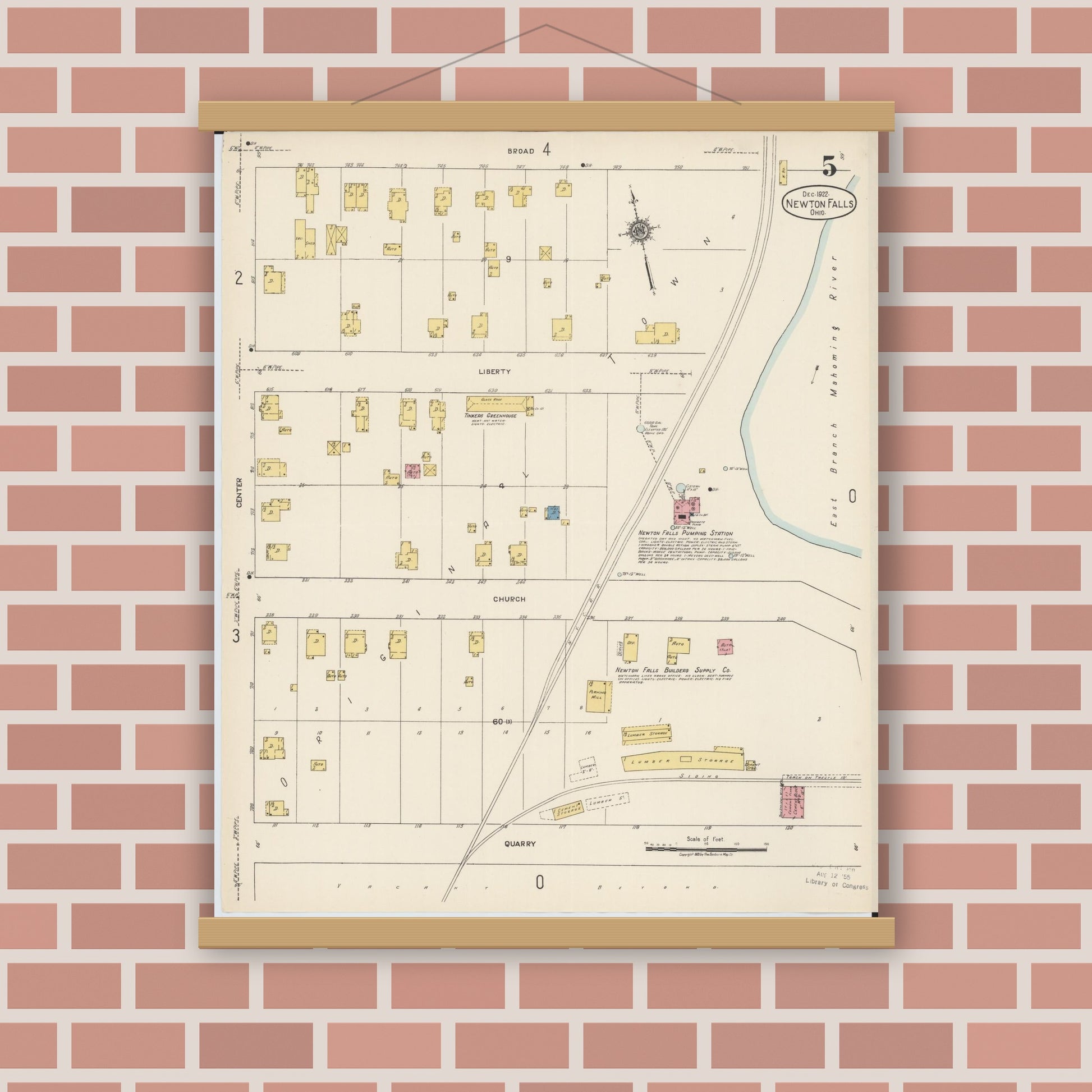 Old map wall art mockup — magnetic wood frame on brick wall — Sanborn Fire Insurance Map from Newton Falls, Trumbull County, Ohio (1922), Sheet #0005