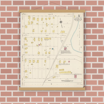 Old map wall art mockup — magnetic wood frame on brick wall — Sanborn Fire Insurance Map from Newton Falls, Trumbull County, Ohio (1922), Sheet #0005