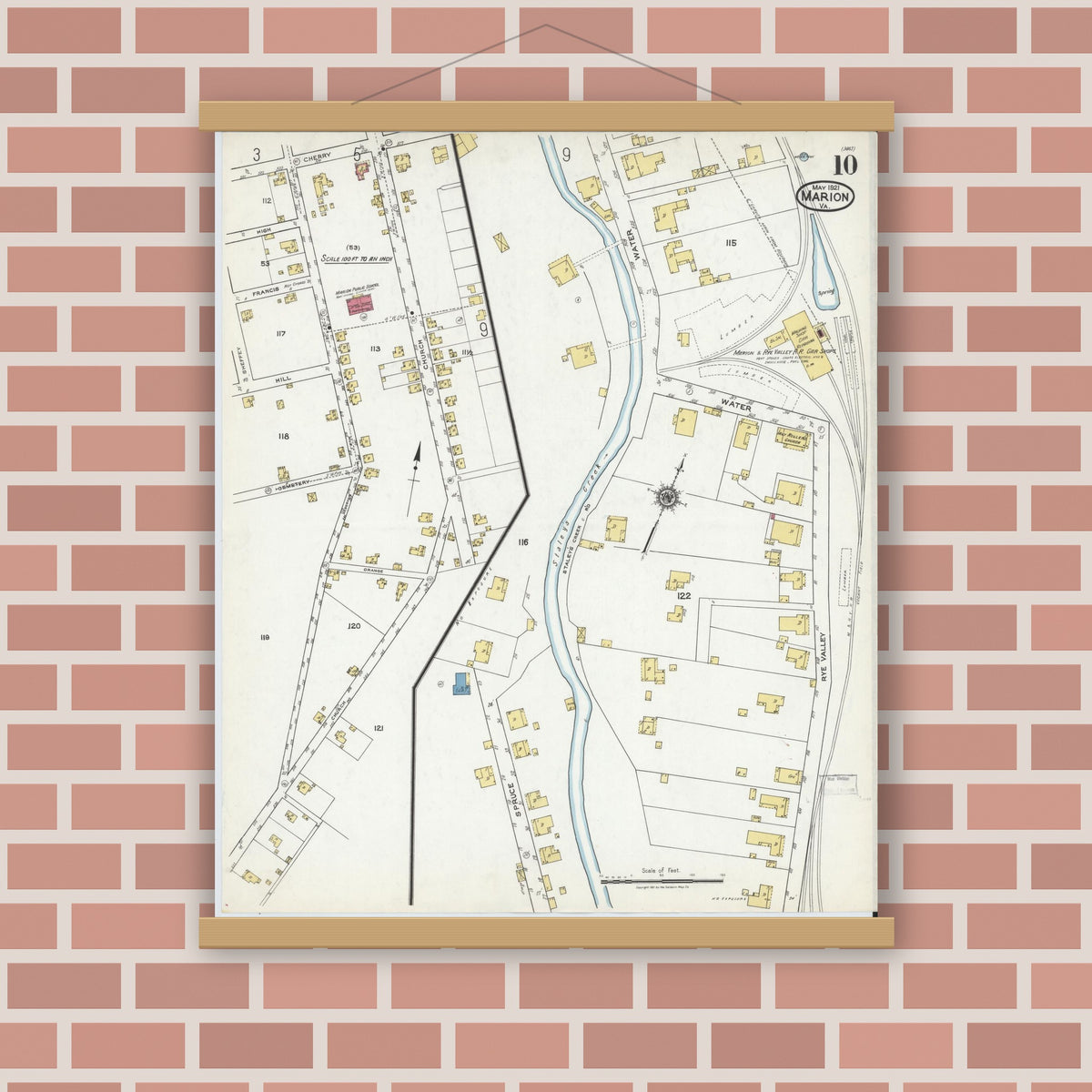 Old map wall art mockup — magnetic wood frame on brick wall — Sanborn Fire Insurance Map from Marion, Smyth County, Virginia (1921), Sheet #0010
