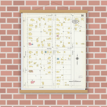 Old map wall art mockup — magnetic wood frame on brick wall — Sanborn Fire Insurance Map from Sturgis, Saint Joseph County, Michigan (1911), Sheet #0016