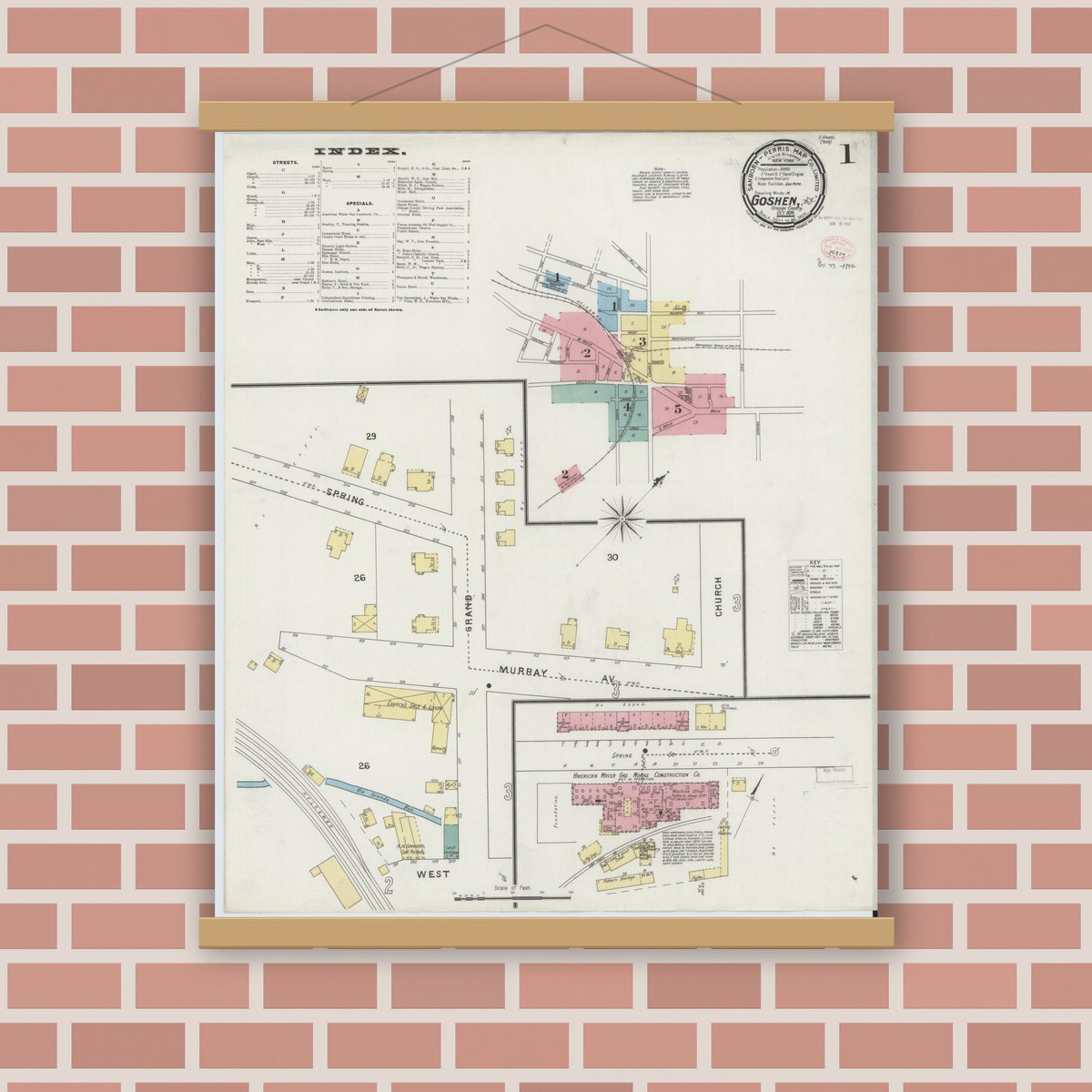 Old map wall art mockup — magnetic wood frame on brick wall — Sanborn Fire Insurance Map from Goshen, Orange County, New York (1894) - Complete Map Set