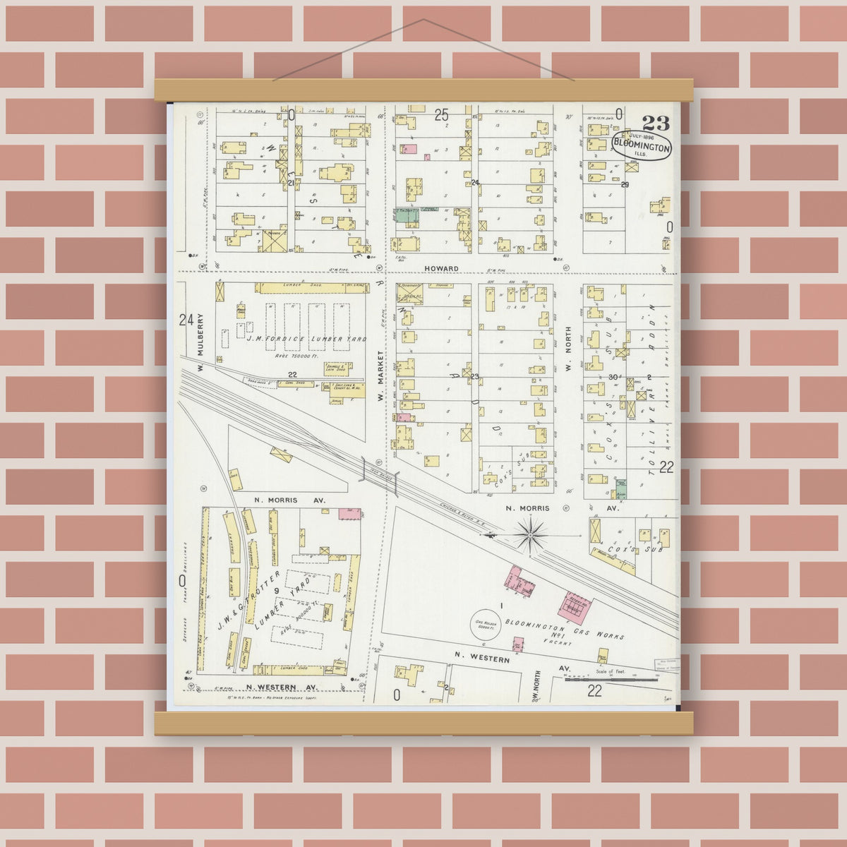 Old map wall art mockup — magnetic wood frame on brick wall — Sanborn Fire Insurance Map from Bloomington, McLean County, Illinois (1896), Sheet #0023