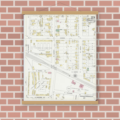 Old map wall art mockup — magnetic wood frame on brick wall — Sanborn Fire Insurance Map from Bloomington, McLean County, Illinois (1896), Sheet #0023