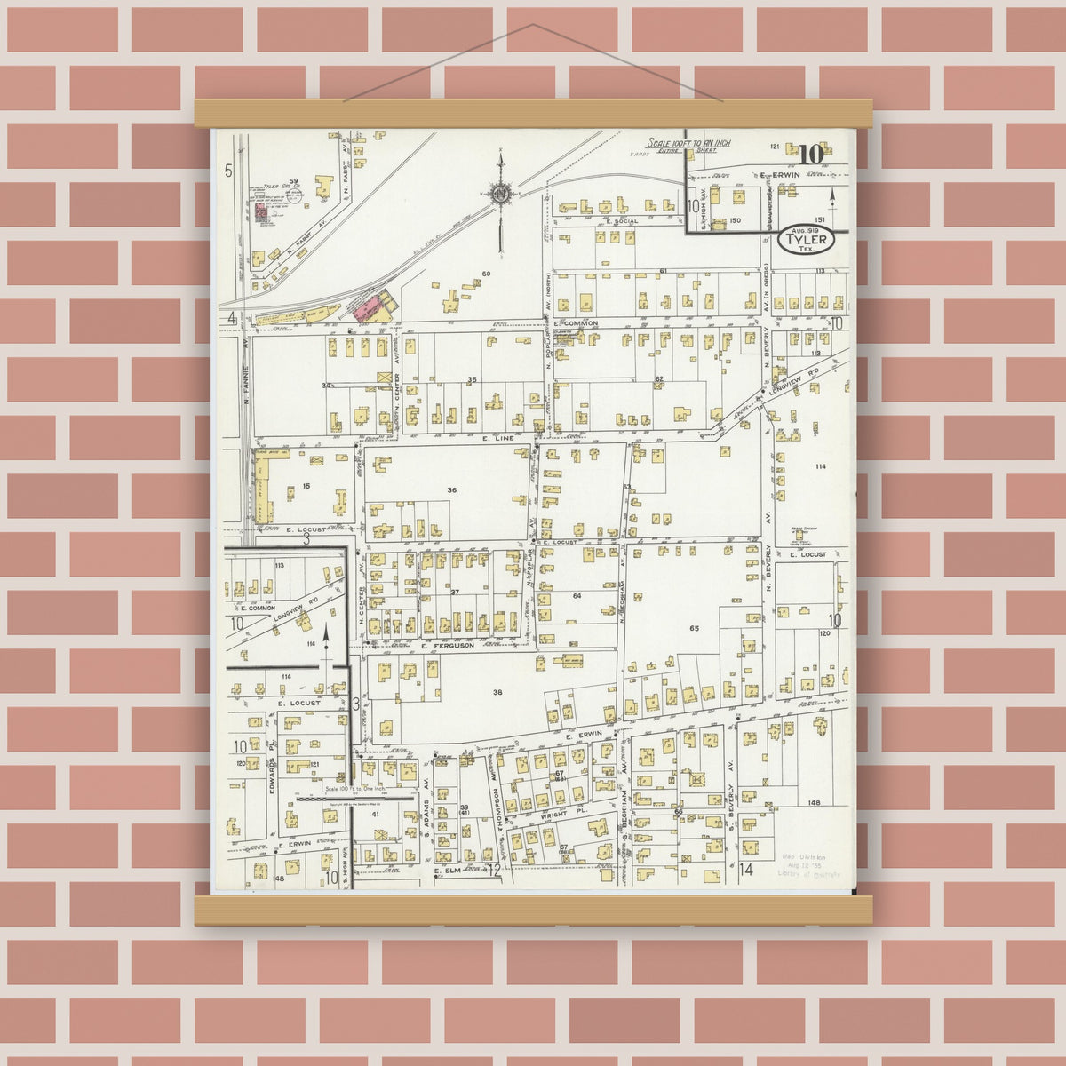 Old map wall art mockup — magnetic wood frame on brick wall — Sanborn Fire Insurance Map from Tyler, Smith County, Texas (1919), Sheet #0010