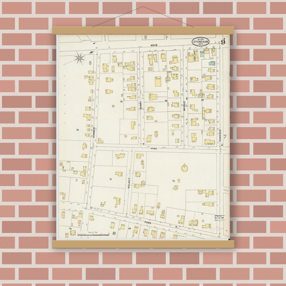 Old map wall art mockup — magnetic wood frame on brick wall — Sanborn Fire Insurance Map from Stoneham, Middlesex County, Massachusetts (1897), Sheet #0009