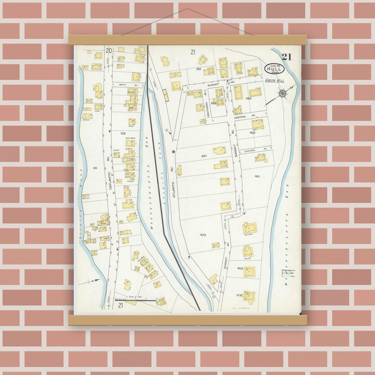 Old map wall art mockup — magnetic wood frame on brick wall — Sanborn Fire Insurance Map from Hull, Plymouth County, Massachusetts (1916), Sheet #0021