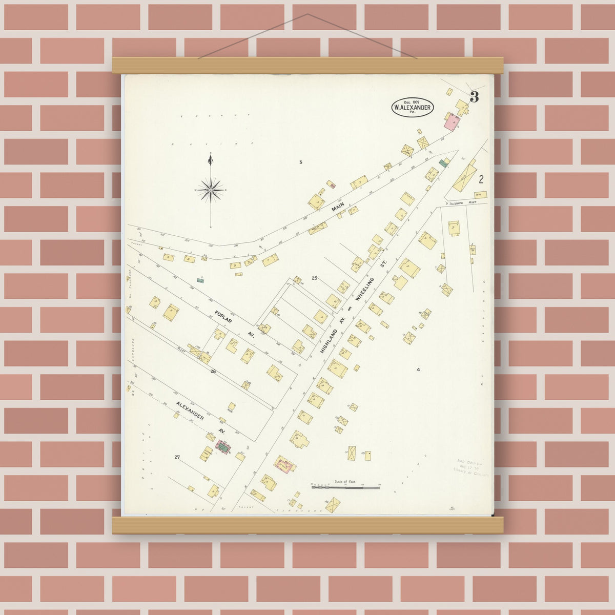 Old map wall art mockup — magnetic wood frame on brick wall — Sanborn Fire Insurance Map from West Alexander, Washington County, Pennsylvania (1907), Sheet #0003