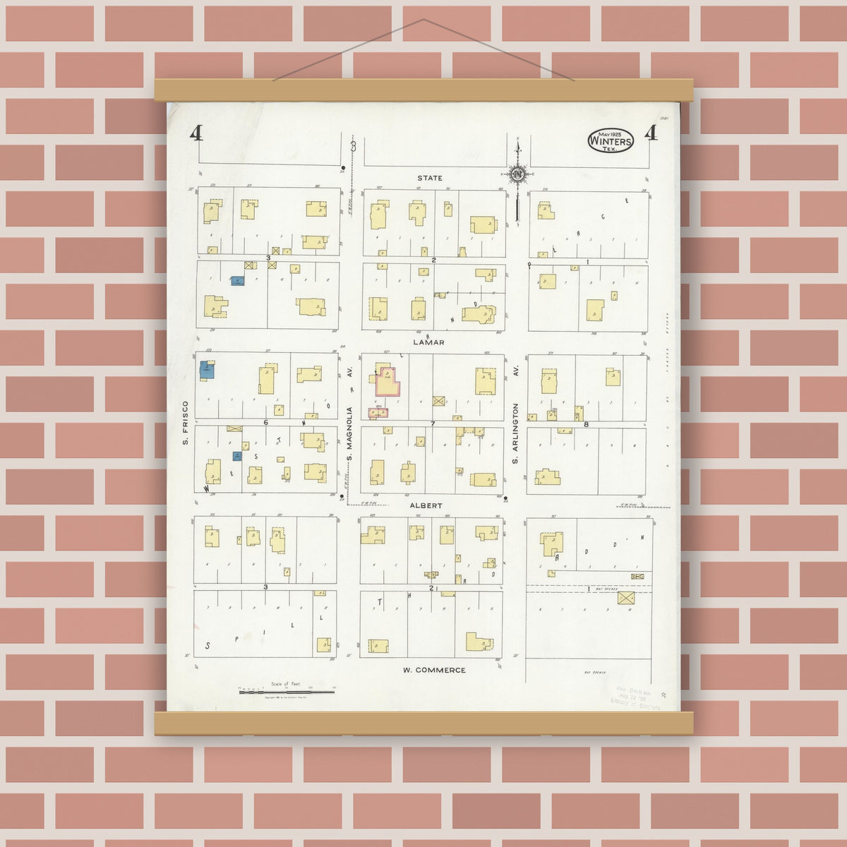 Old map wall art mockup — magnetic wood frame on brick wall — Sanborn Fire Insurance Map from Winters, Runnels County, Texas (1925), Sheet #0004