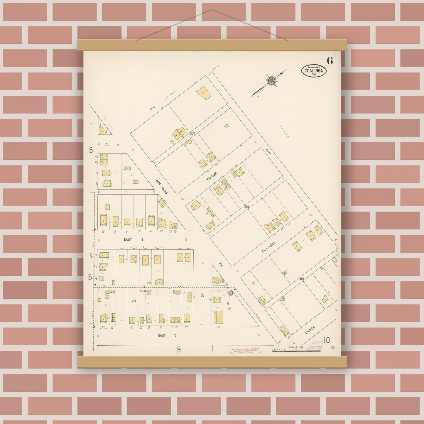 Old map wall art mockup — magnetic wood frame on brick wall — Sanborn Fire Insurance Map from Coalinga, Fresno County, California (1910), Sheet #0006