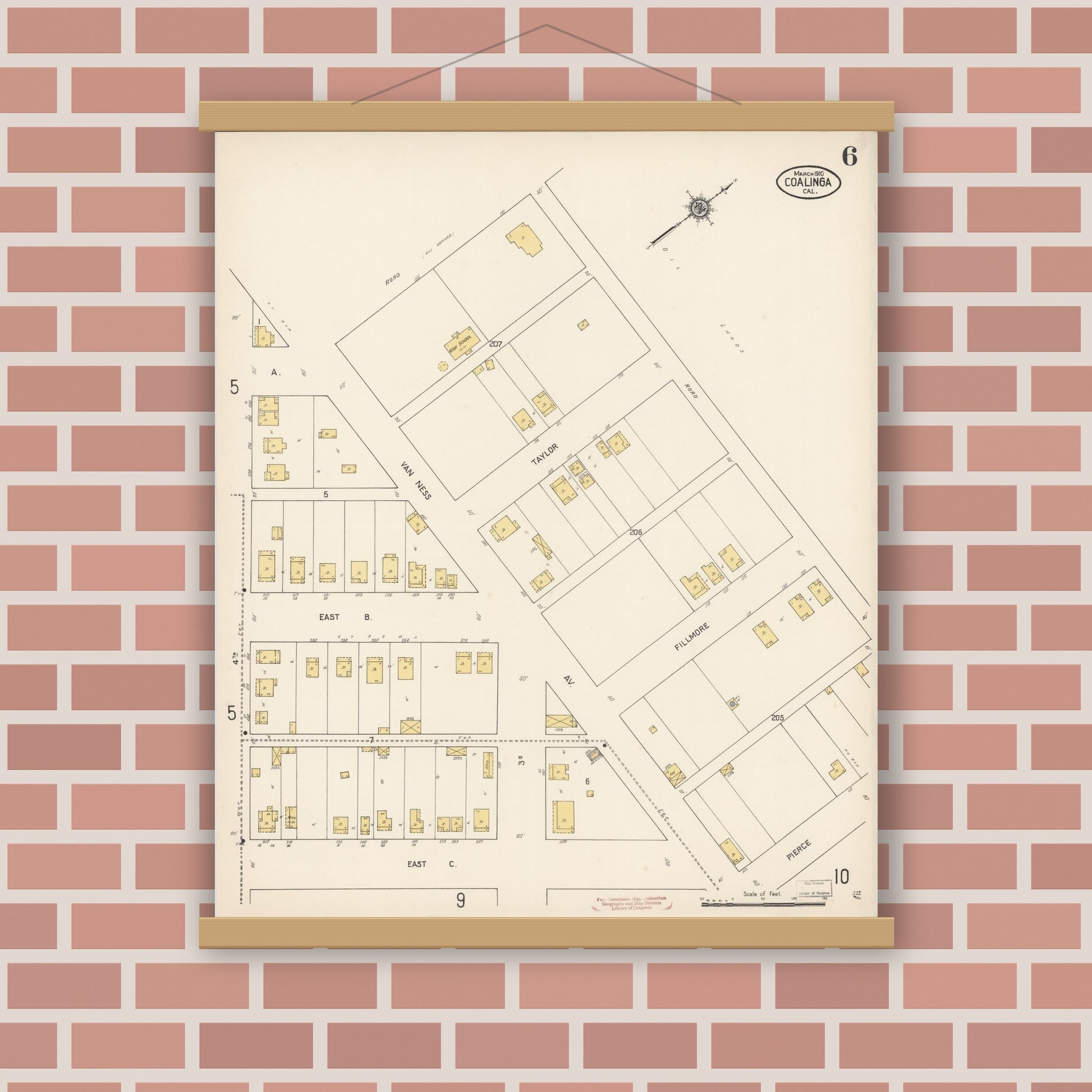 Old map wall art mockup — magnetic wood frame on brick wall — Sanborn Fire Insurance Map from Coalinga, Fresno County, California (1910), Sheet #0006