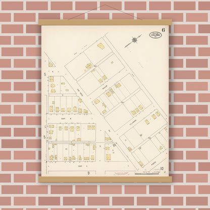 Old map wall art mockup — magnetic wood frame on brick wall — Sanborn Fire Insurance Map from Coalinga, Fresno County, California (1910), Sheet #0006