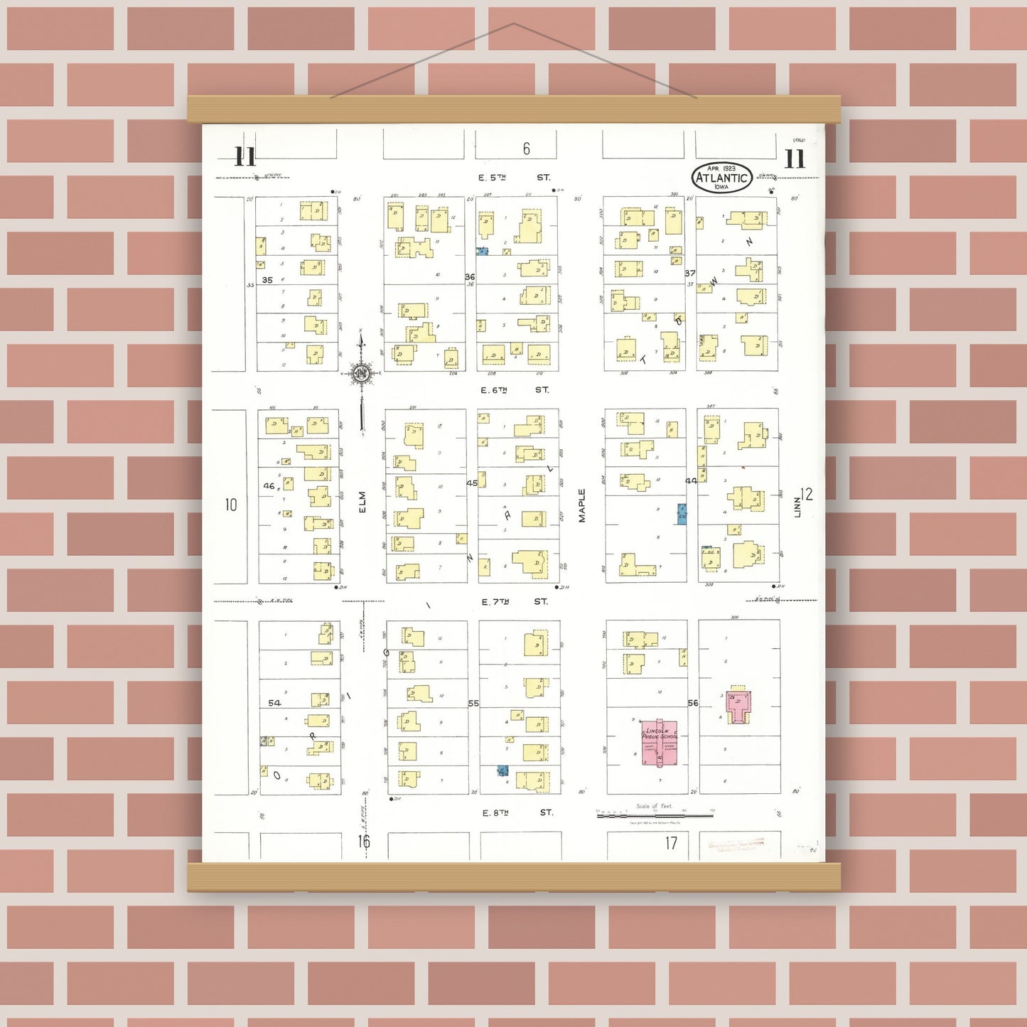 Old map wall art mockup — magnetic wood frame on brick wall — Sanborn Fire Insurance Map from Atlantic, Cass County, Iowa (1923), Sheet #0011