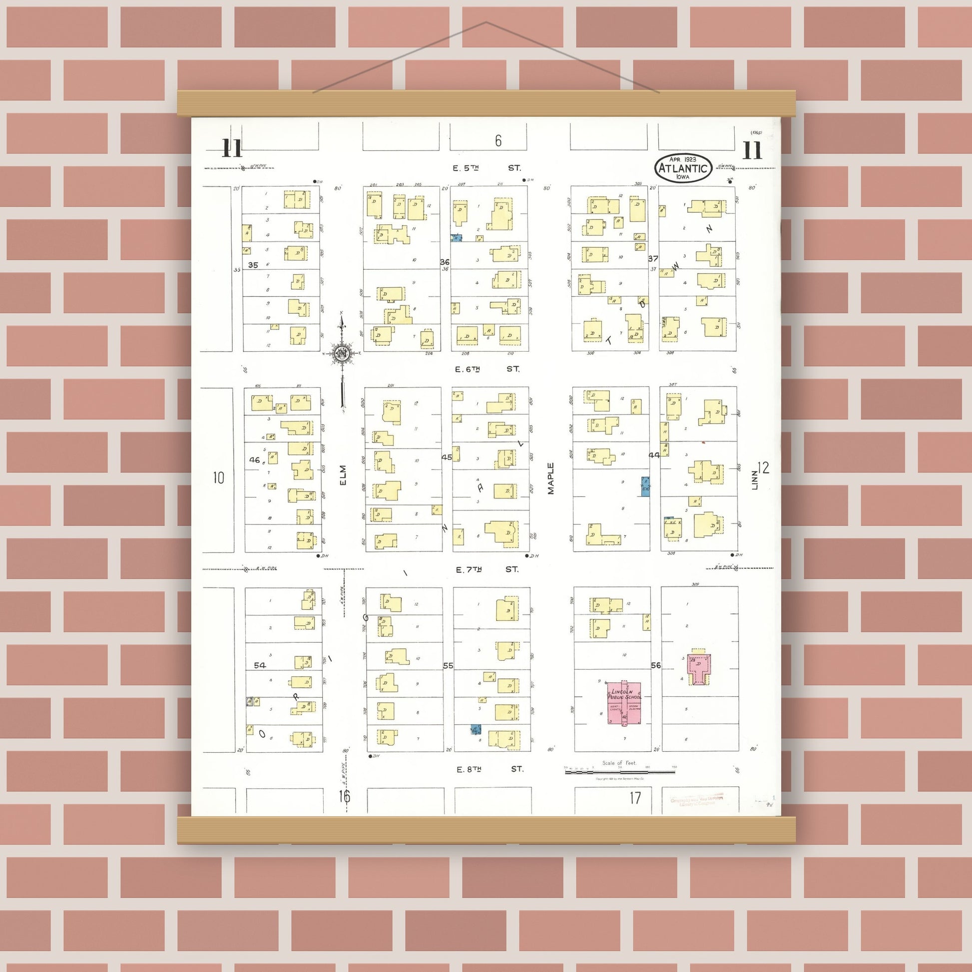 Old map wall art mockup — magnetic wood frame on brick wall — Sanborn Fire Insurance Map from Atlantic, Cass County, Iowa (1923), Sheet #0011