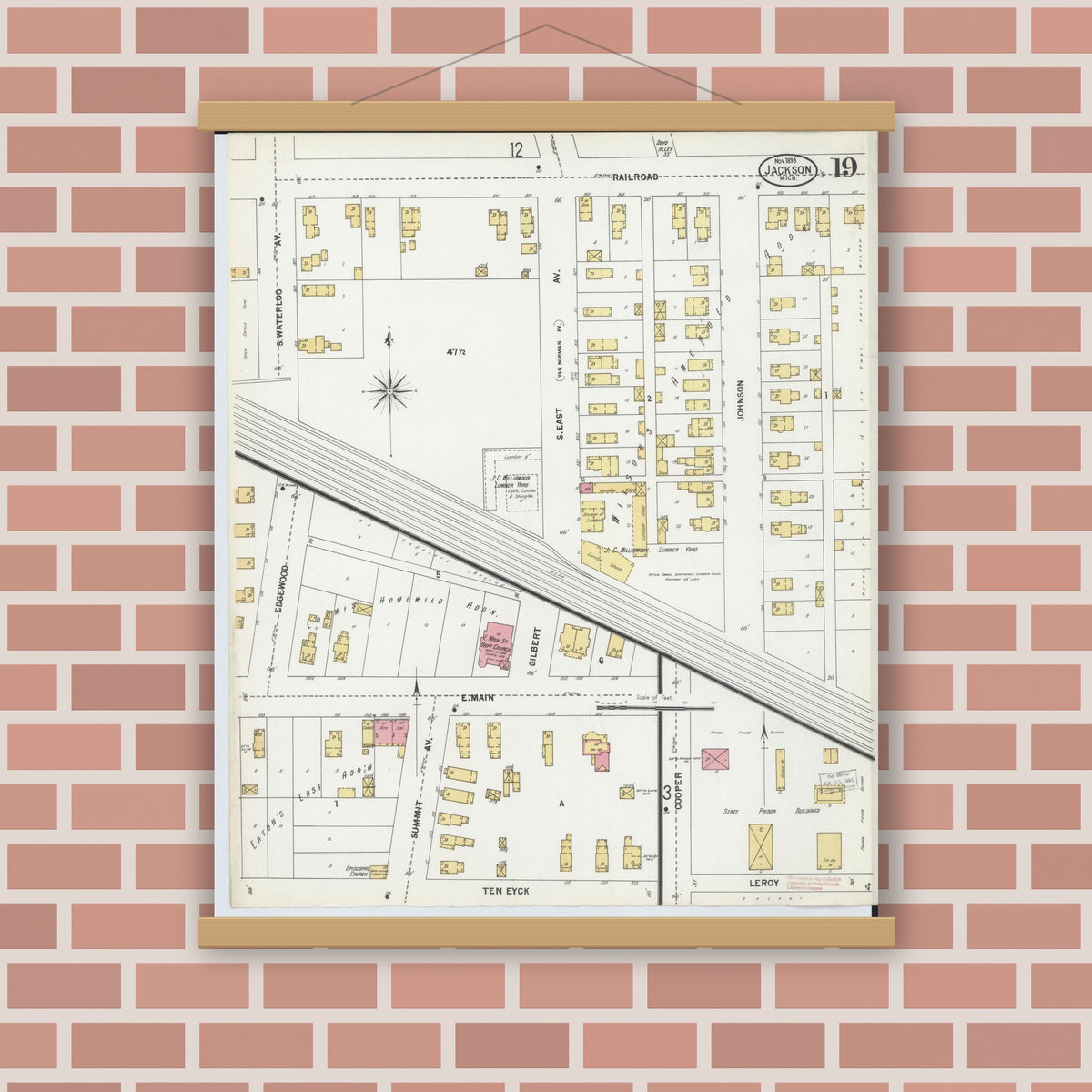 Old map wall art mockup — magnetic wood frame on brick wall — Sanborn Fire Insurance Map from Jackson, Jackson County, Michigan (1899), Sheet #0019