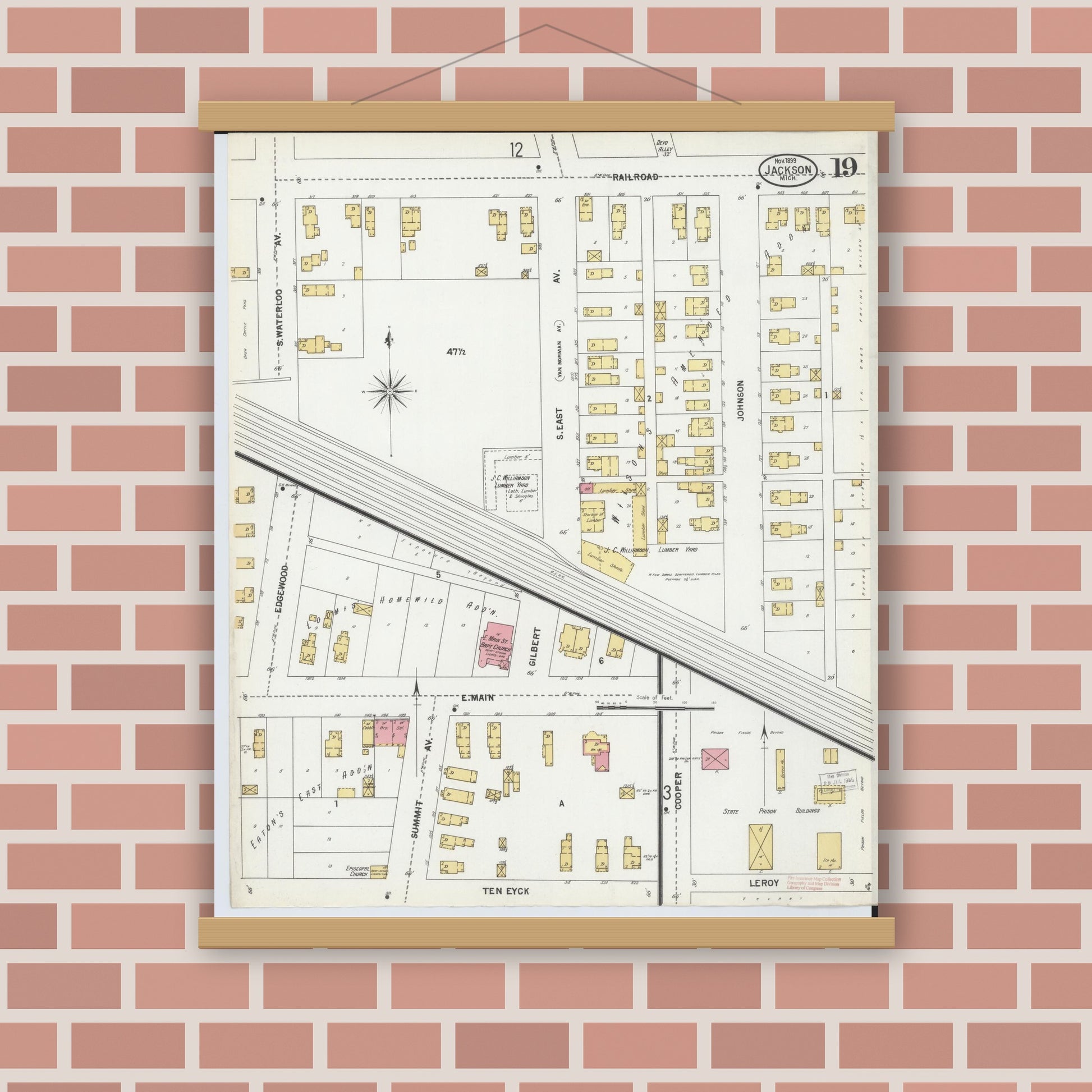 Old map wall art mockup — magnetic wood frame on brick wall — Sanborn Fire Insurance Map from Jackson, Jackson County, Michigan (1899), Sheet #0019