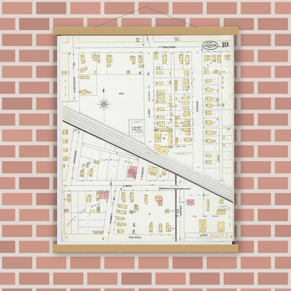 Old map wall art mockup — magnetic wood frame on brick wall — Sanborn Fire Insurance Map from Jackson, Jackson County, Michigan (1899), Sheet #0019