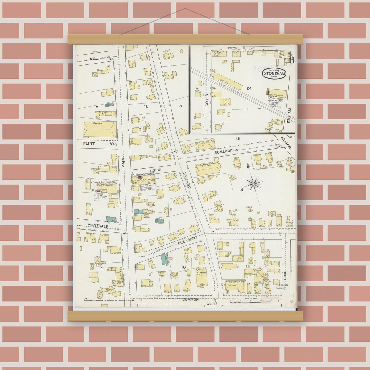Old map wall art mockup — magnetic wood frame on brick wall — Sanborn Fire Insurance Map from Stoneham, Middlesex County, Massachusetts (1892), Sheet #0006