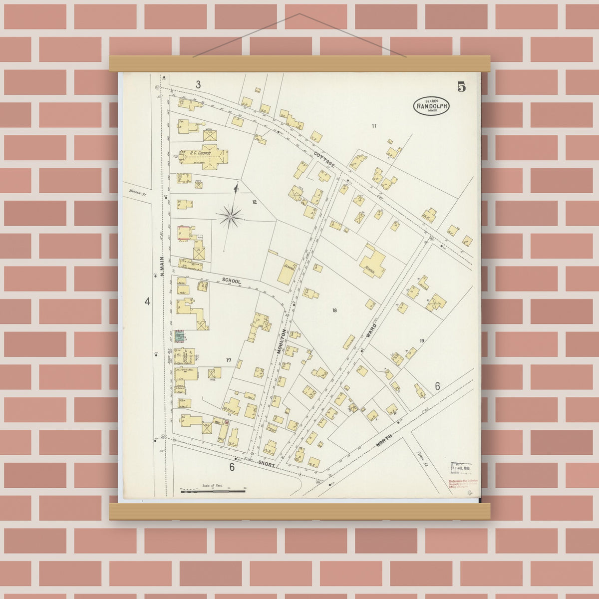 Old map wall art mockup — magnetic wood frame on brick wall — Sanborn Fire Insurance Map from Randolph, Norfolk County, Massachusetts (1897), Sheet #0005