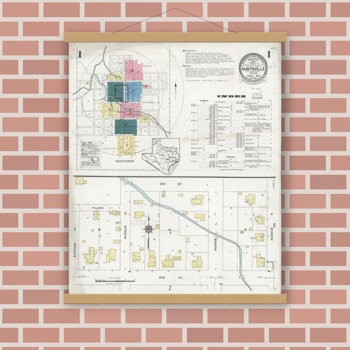 Old map wall art mockup — magnetic wood frame on brick wall — Sanborn Fire Insurance Map from Huntsville, Walker County, Texas (1925), Sheet #0001