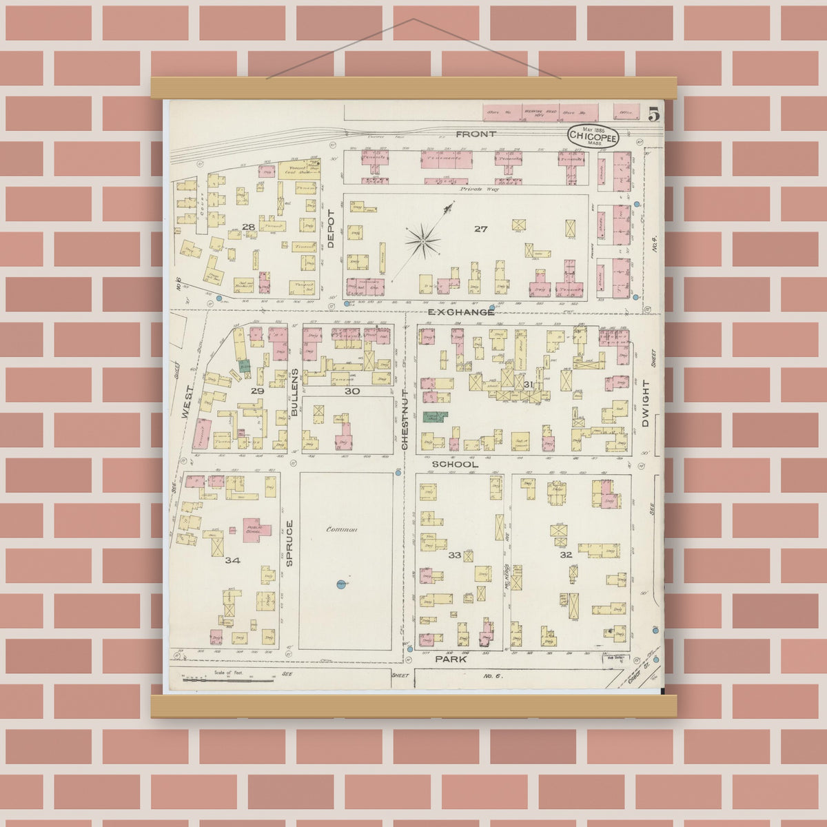 Old map wall art mockup — magnetic wood frame on brick wall — Sanborn Fire Insurance Map from Chicopee, Hampden County, Massachusetts (1885), Sheet #0005