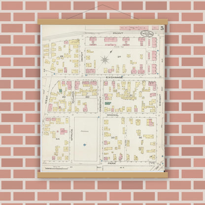 Old map wall art mockup — magnetic wood frame on brick wall — Sanborn Fire Insurance Map from Chicopee, Hampden County, Massachusetts (1885), Sheet #0005