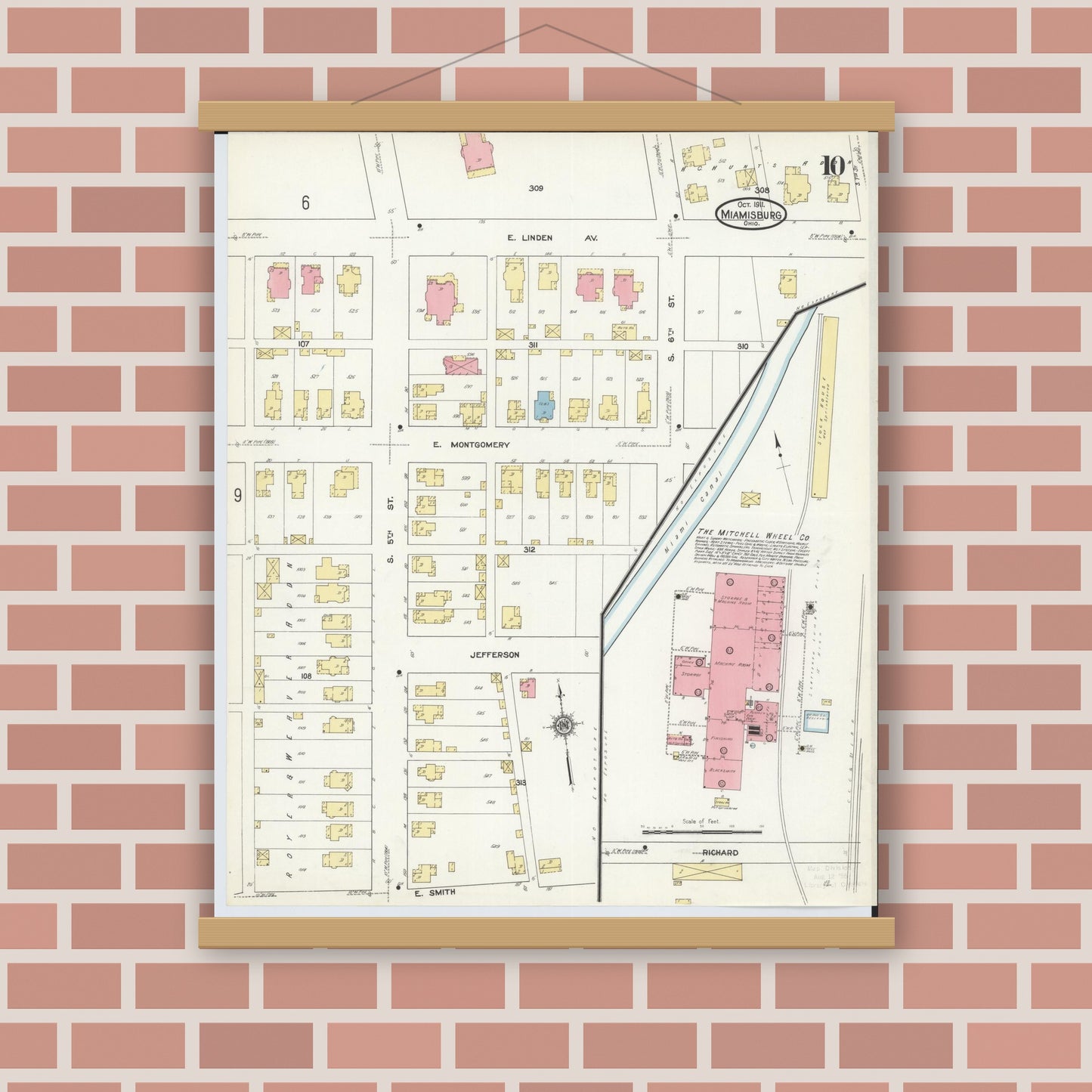 Old map wall art mockup — magnetic wood frame on brick wall — Sanborn Fire Insurance Map from Miamisburg, Montgomery County, Ohio (1911), Sheet #0010