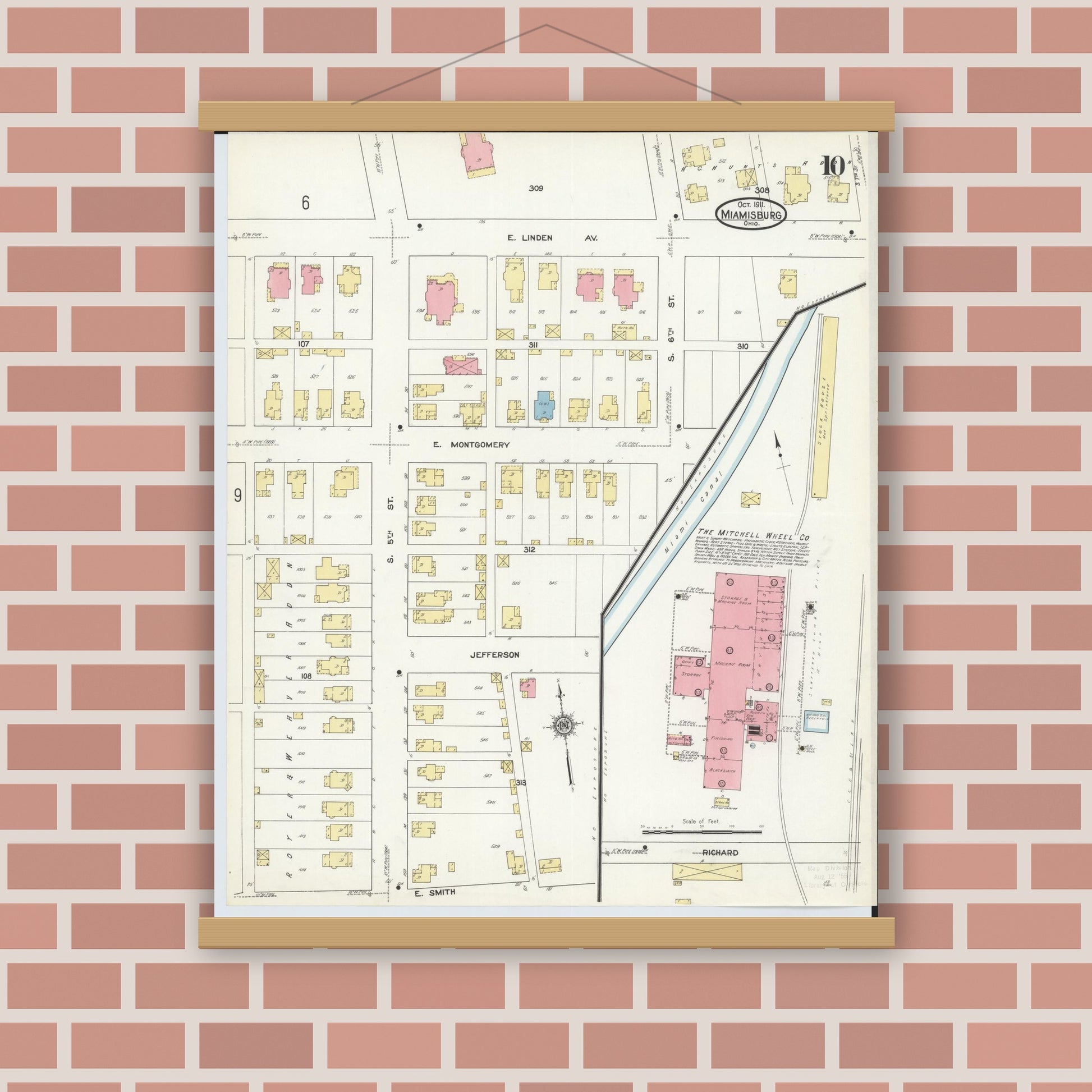 Old map wall art mockup — magnetic wood frame on brick wall — Sanborn Fire Insurance Map from Miamisburg, Montgomery County, Ohio (1911), Sheet #0010