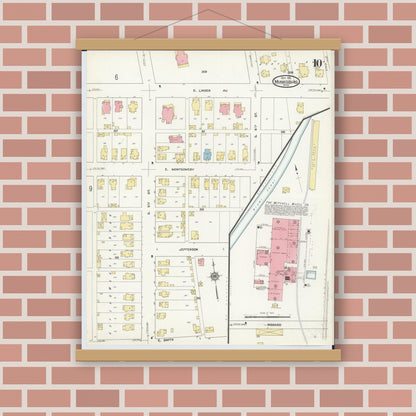 Old map wall art mockup — magnetic wood frame on brick wall — Sanborn Fire Insurance Map from Miamisburg, Montgomery County, Ohio (1911), Sheet #0010