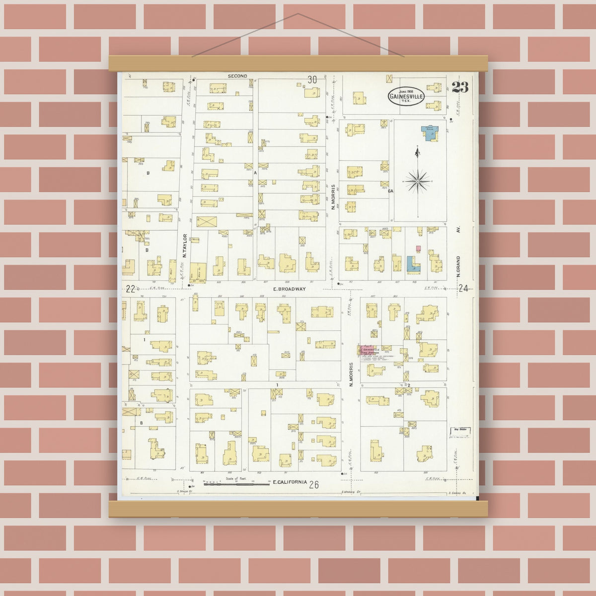Old map wall art mockup — magnetic wood frame on brick wall — Sanborn Fire Insurance Map from Gainesville, Cooke County, Texas (1908), Sheet #0023