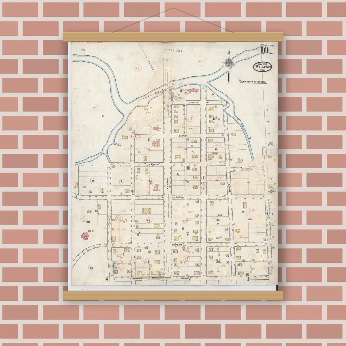 Old map wall art mockup — magnetic wood frame on brick wall — Sanborn Fire Insurance Map from Strawn, Palo Pinto County, Texas (1944), Sheet #0010