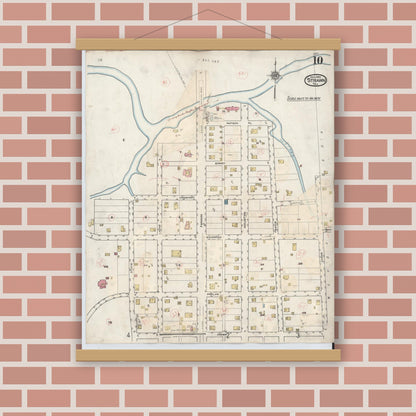 Old map wall art mockup — magnetic wood frame on brick wall — Sanborn Fire Insurance Map from Strawn, Palo Pinto County, Texas (1944), Sheet #0010