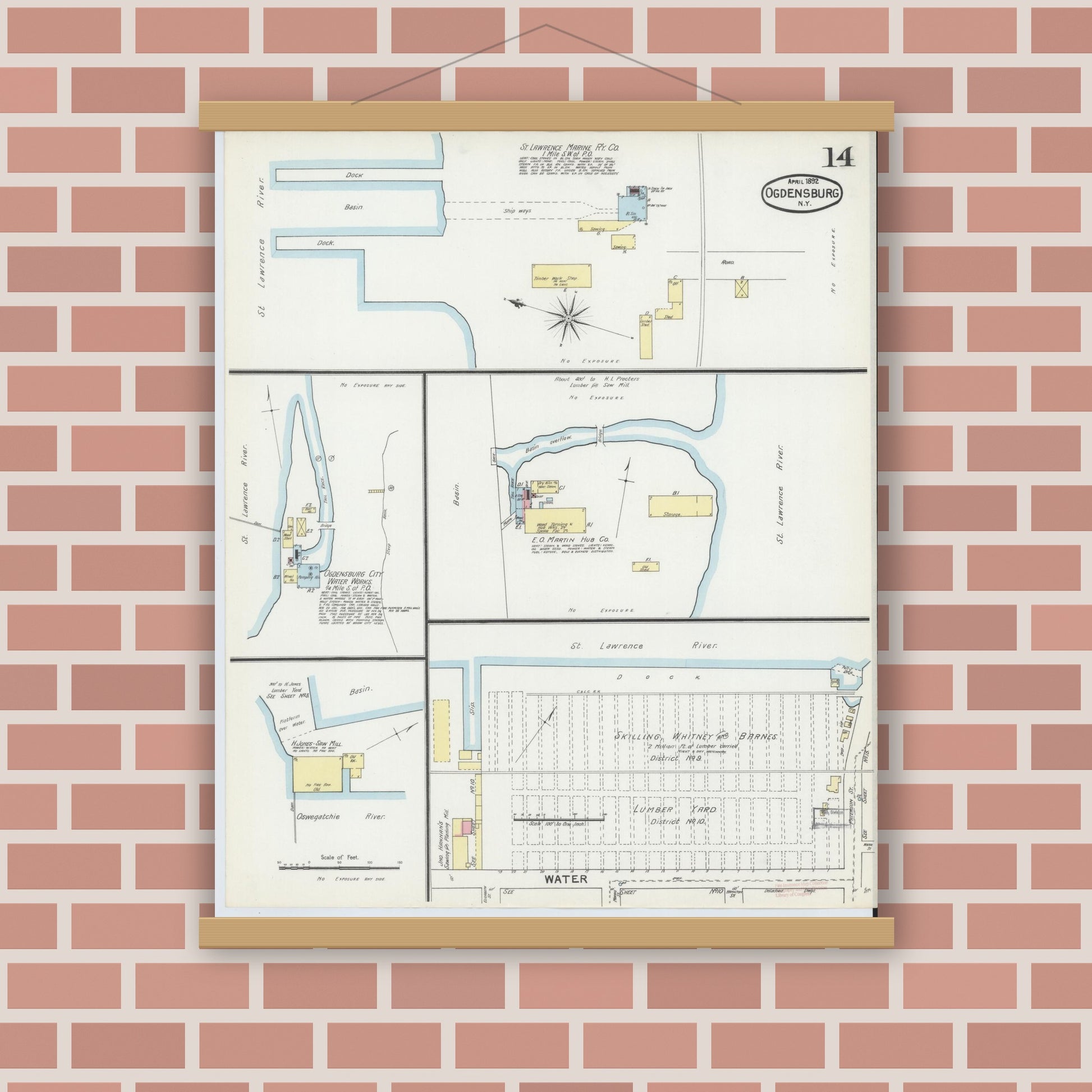 Old map wall art mockup — magnetic wood frame on brick wall — Sanborn Fire Insurance Map from Ogdensburg, St. Lawrence County, New York (1892), Sheet #0013