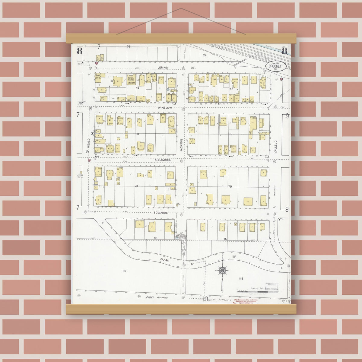 Old map wall art mockup — magnetic wood frame on brick wall — Sanborn Fire Insurance Map from Crockett, Contra Costa County, California (1924), Sheet #0008