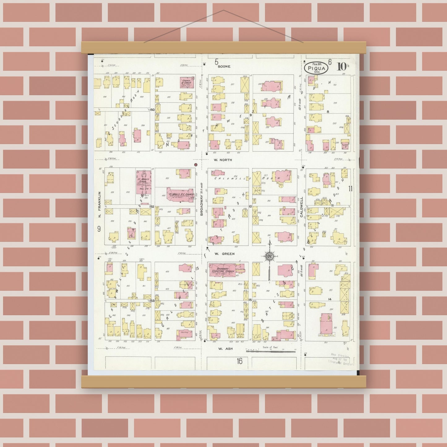 Old map wall art mockup — magnetic wood frame on brick wall — Sanborn Fire Insurance Map from Piqua, Miami County, Ohio (1911), Sheet #0010