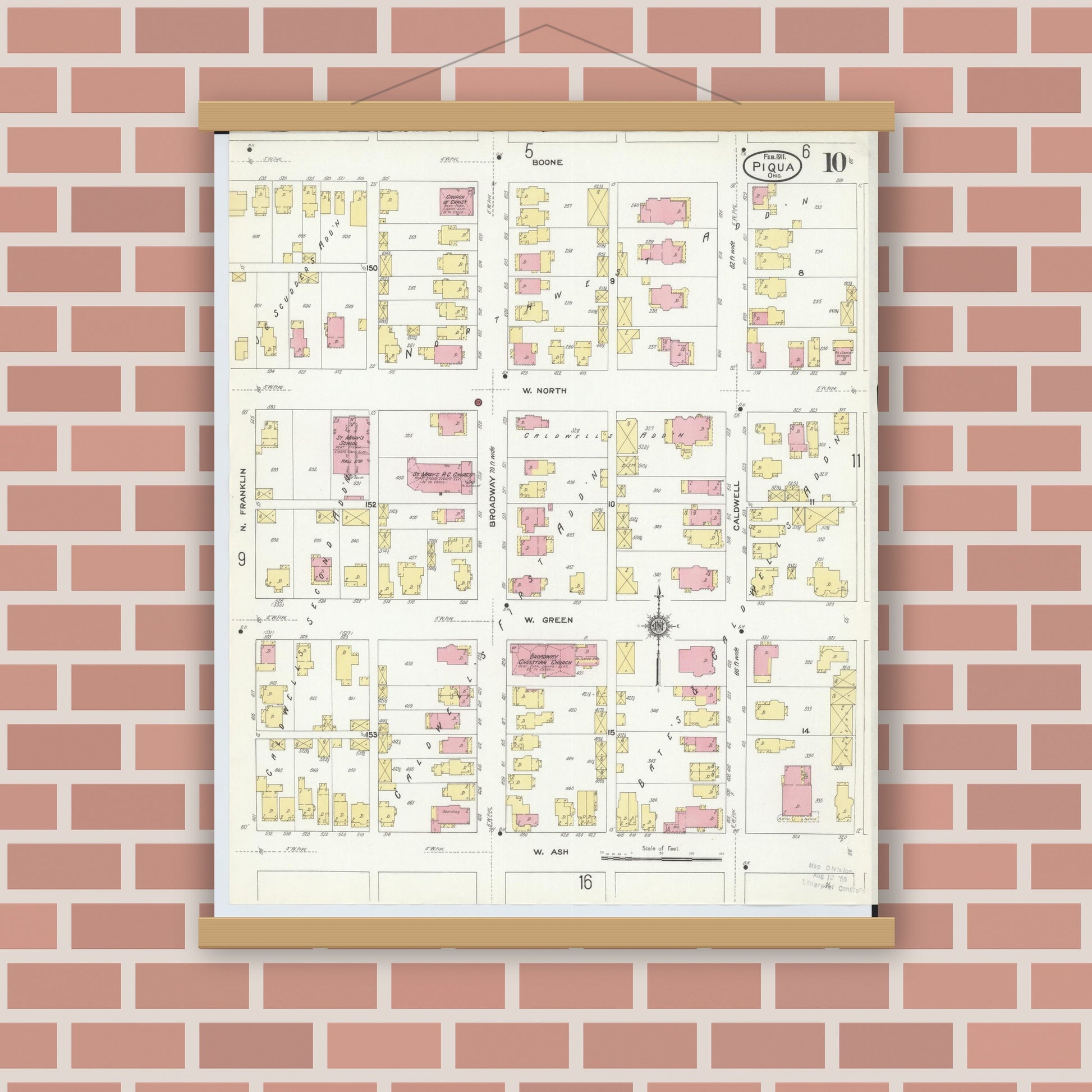 Old map wall art mockup — magnetic wood frame on brick wall — Sanborn Fire Insurance Map from Piqua, Miami County, Ohio (1911), Sheet #0010
