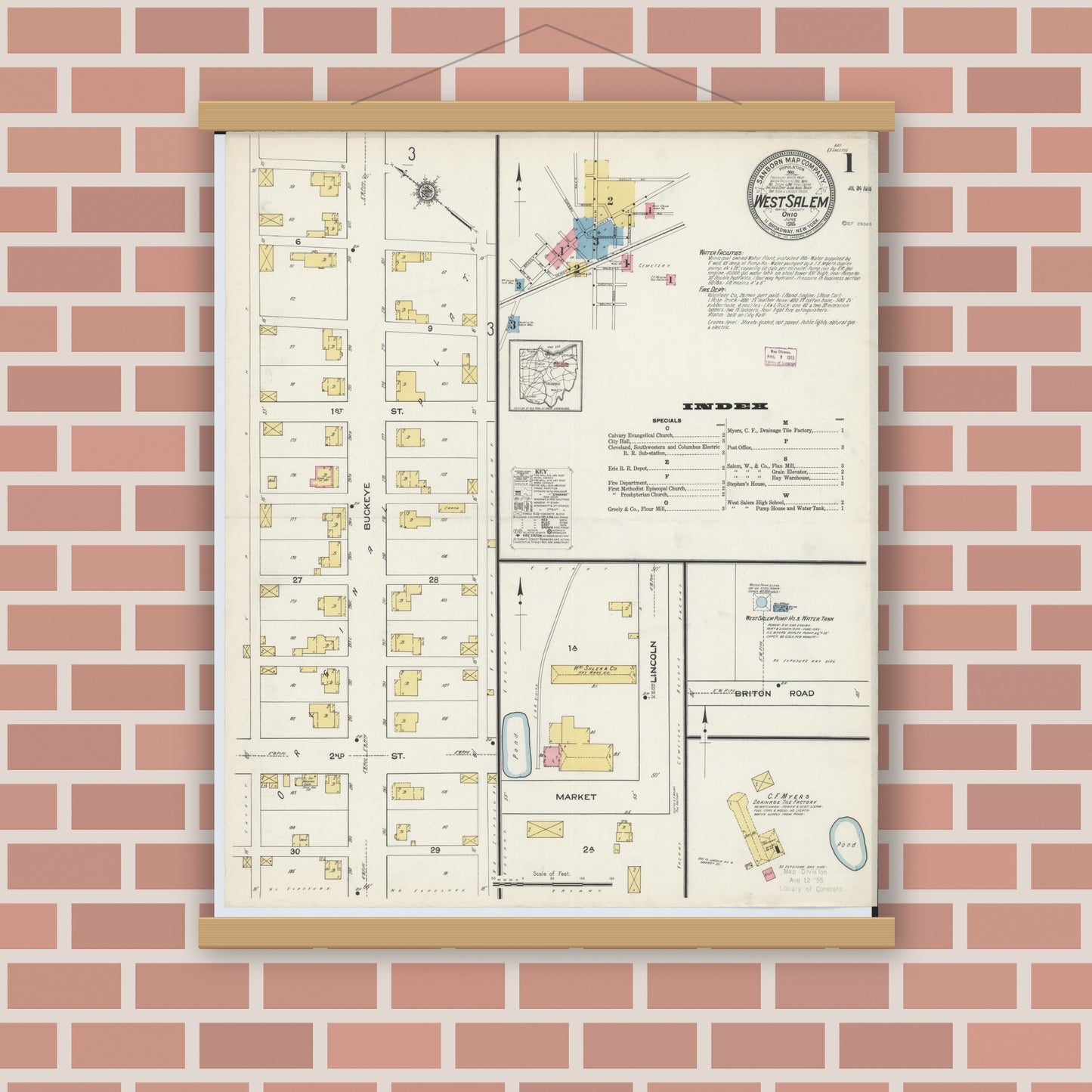 Old map wall art mockup — magnetic wood frame on brick wall — Sanborn Fire Insurance Map from West Salem, Wayne County, Ohio (1915) - Complete Map Set